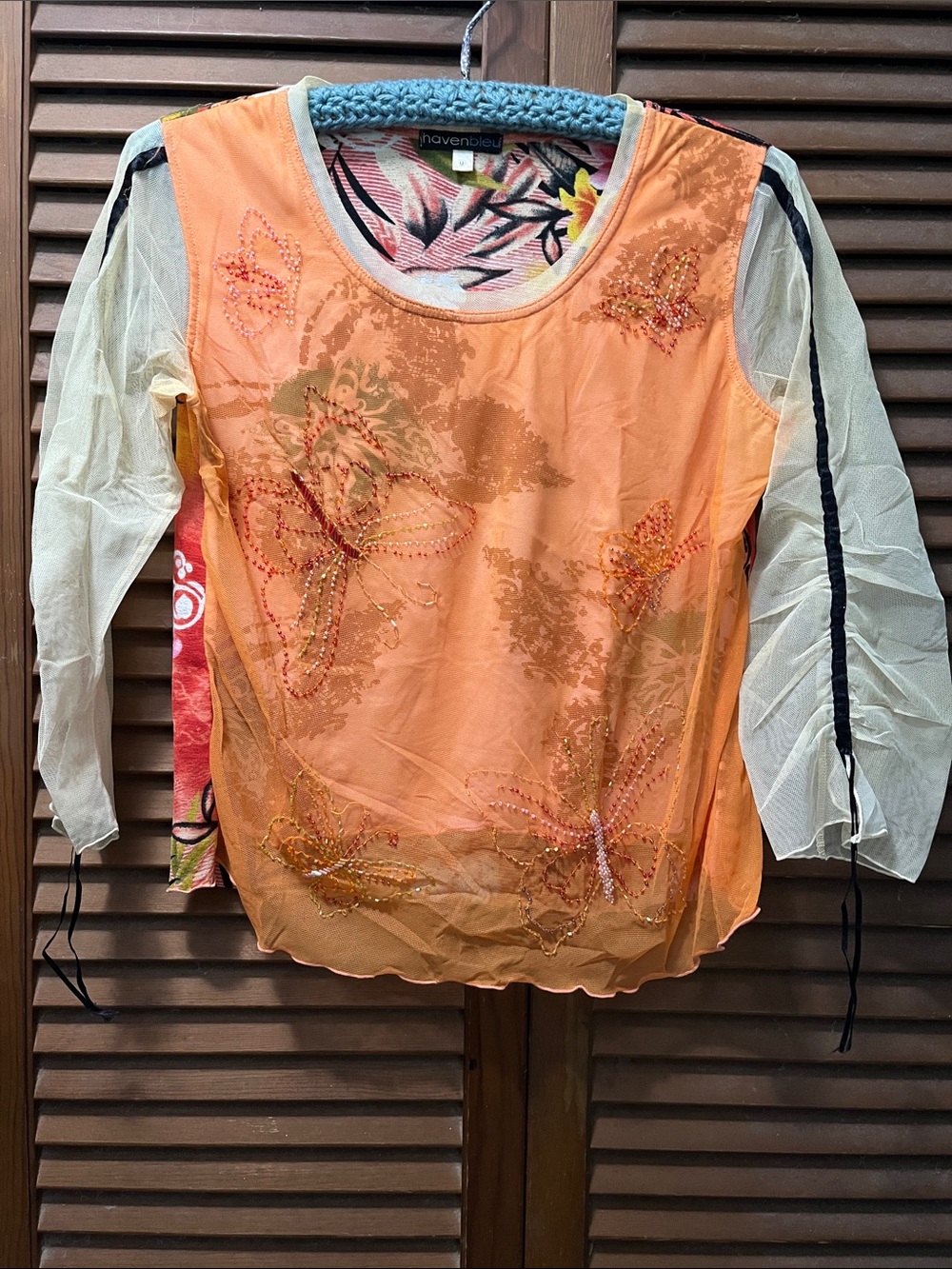Orange Embellished Sheer Sleeve Top